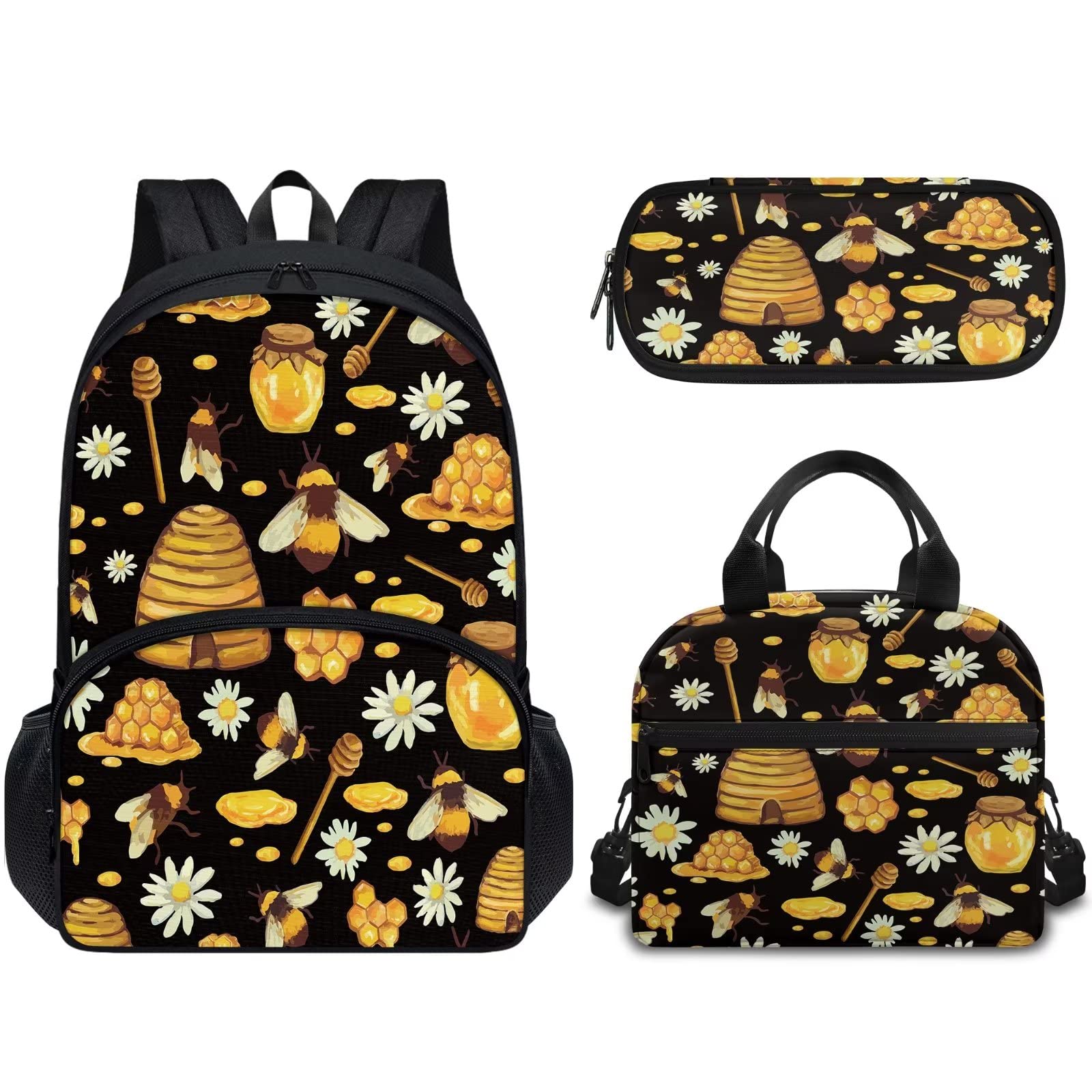 Forchrinse Cute Bee Daisy Kids Boys Girls Backpack Kit for Kindergarten Elementary School-3 in 1 Student Bookbag and Tote Lunch Box Pencil Bag