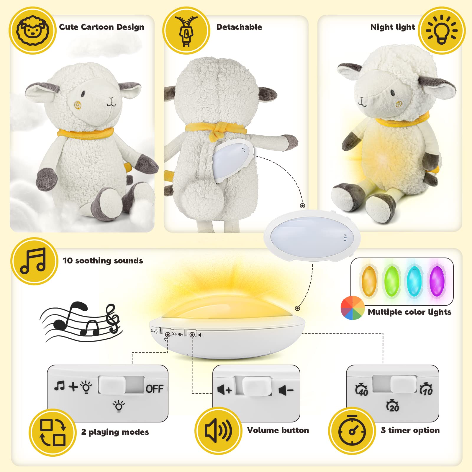 nicknack Baby Sleep Soother Toy Sheep Plush Toy Soft Stuffed Animal with Night Light & Soothing Sounds for Toddler Boys and Girls Gift