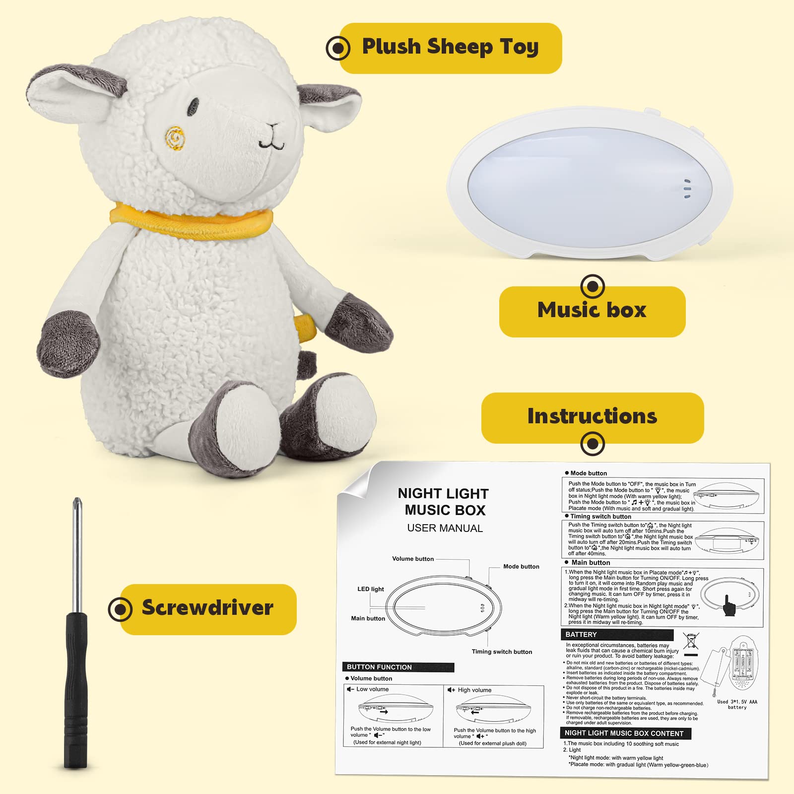 nicknack Baby Sleep Soother Toy Sheep Plush Toy Soft Stuffed Animal with Night Light & Soothing Sounds for Toddler Boys and Girls Gift