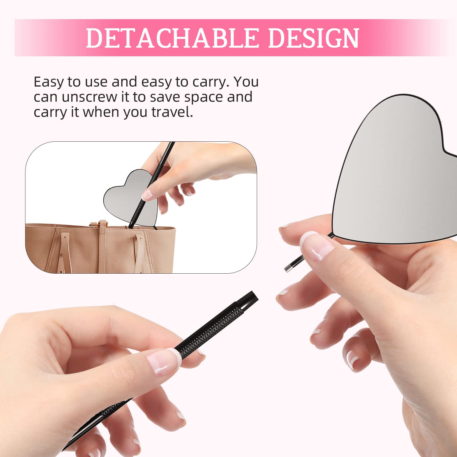 Buqikma Large Lash Mirror for Eyelash Extension Detachable Heart Shape Eyelash Mirror 45°Angle Design Hand Mirror Stainless Steel Eyelash Makeup Mirror lash Extension Supplies(Black)