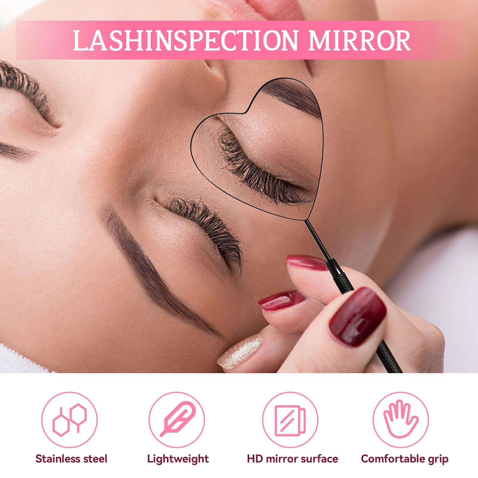 Buqikma Large Lash Mirror for Eyelash Extension Detachable Heart Shape Eyelash Mirror 45°Angle Design Hand Mirror Stainless Steel Eyelash Makeup Mirror lash Extension Supplies(Black)