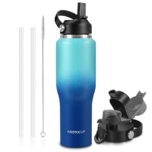 abotocup 32oz water bottle with powder coated, fit in any car cup holder, water bottle with straw lids, stainless steel insulated water flask double wall leak-proof bpa free to keep cold&hot