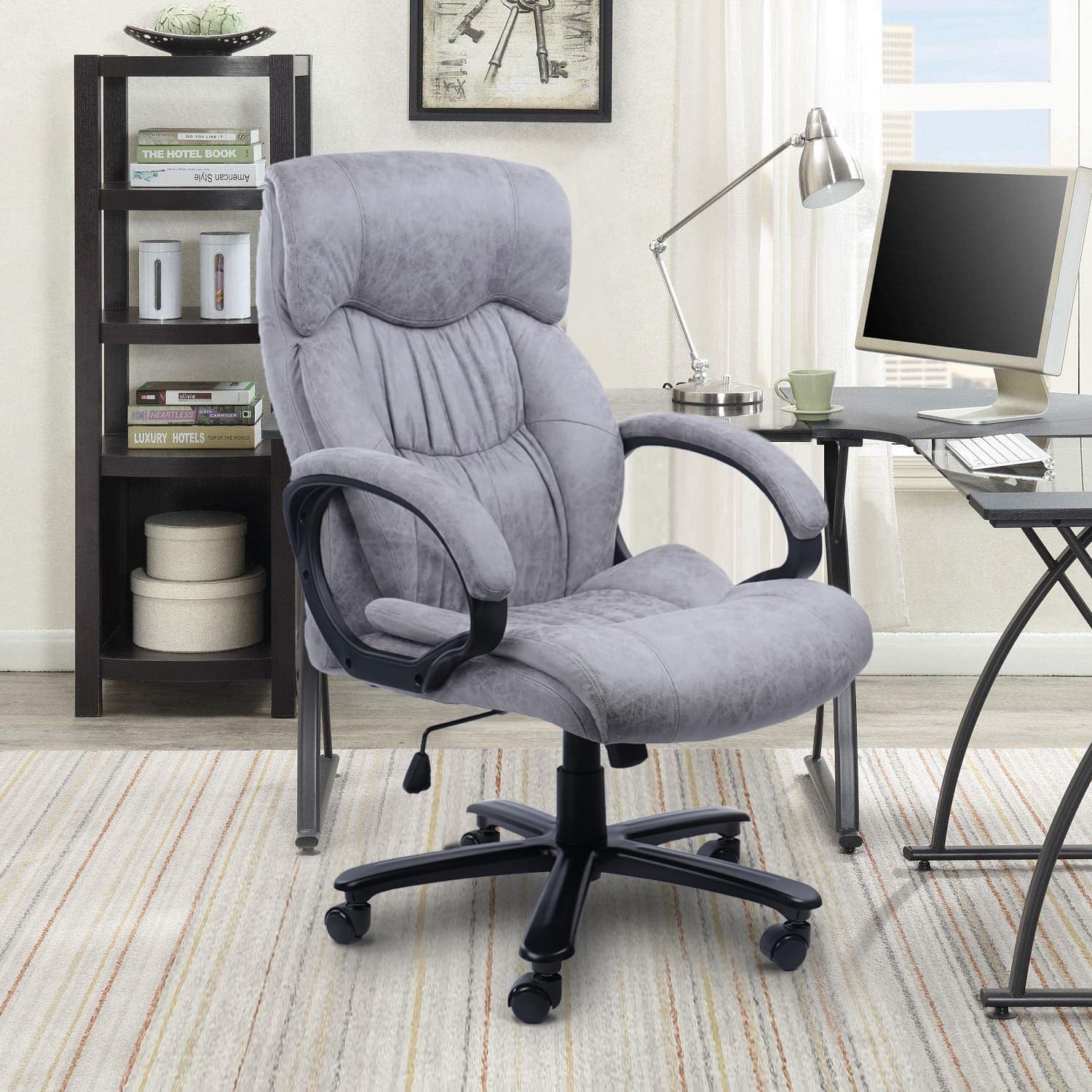 CLATINA Ergonomic Executive Big Tall Office Chair,Lumbar Support Breathable Leather Padded Headrest Armrest Swivel Adjustable Height Comfy Computer Desk Chair for Home Office(Grey)