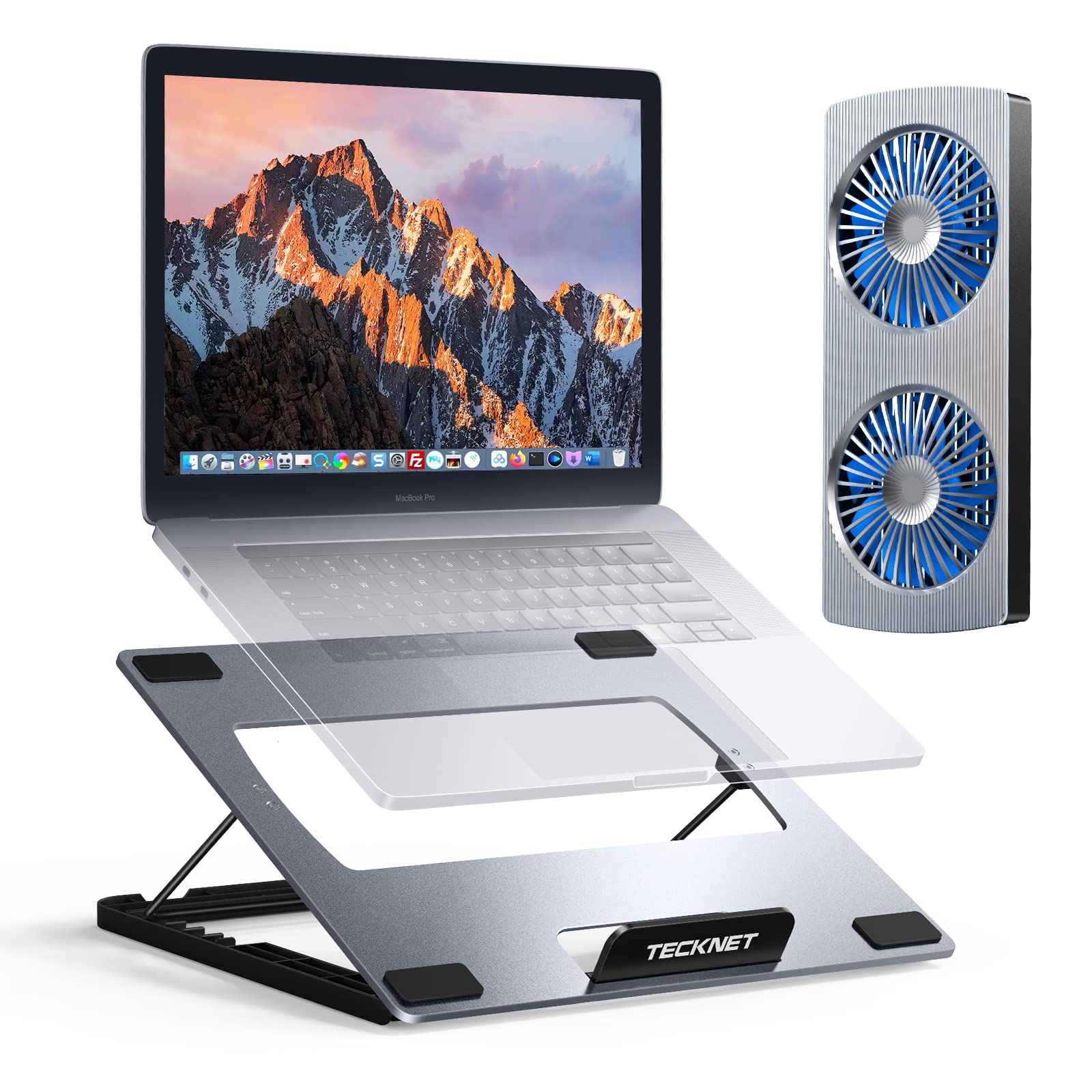 TECKNET Laptop Stand With Cooling Pad, Adjustable Aluminum Computer Stand, Portable Ultra-Slim Quiet Laptop Cooler with 2 Separable Powerful Laptop Fans, for Business Office Laptops Within 15.6 Inches