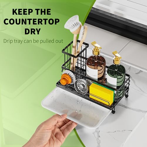 Cisily Sink Caddy Kitchen Sink Organizer, Sponge Holder for Kitchen Sink with Removable Drip Tray for Countertop Dish Soap Holder Dispenser Higher Brush Holder, 304 Stainless Steel Accesorios