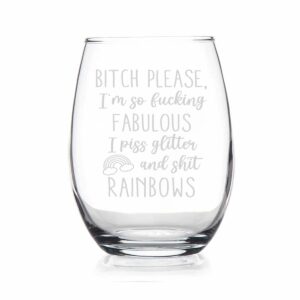 Funny Wine Glass Gift For Women - Please I'm So Fabulous I Pee Glitter Stemless Wine Glass - Unique Inspirational Gifts For Women Best Friends Sisters Bff Girlfriends - Birthday Christmas Gifts