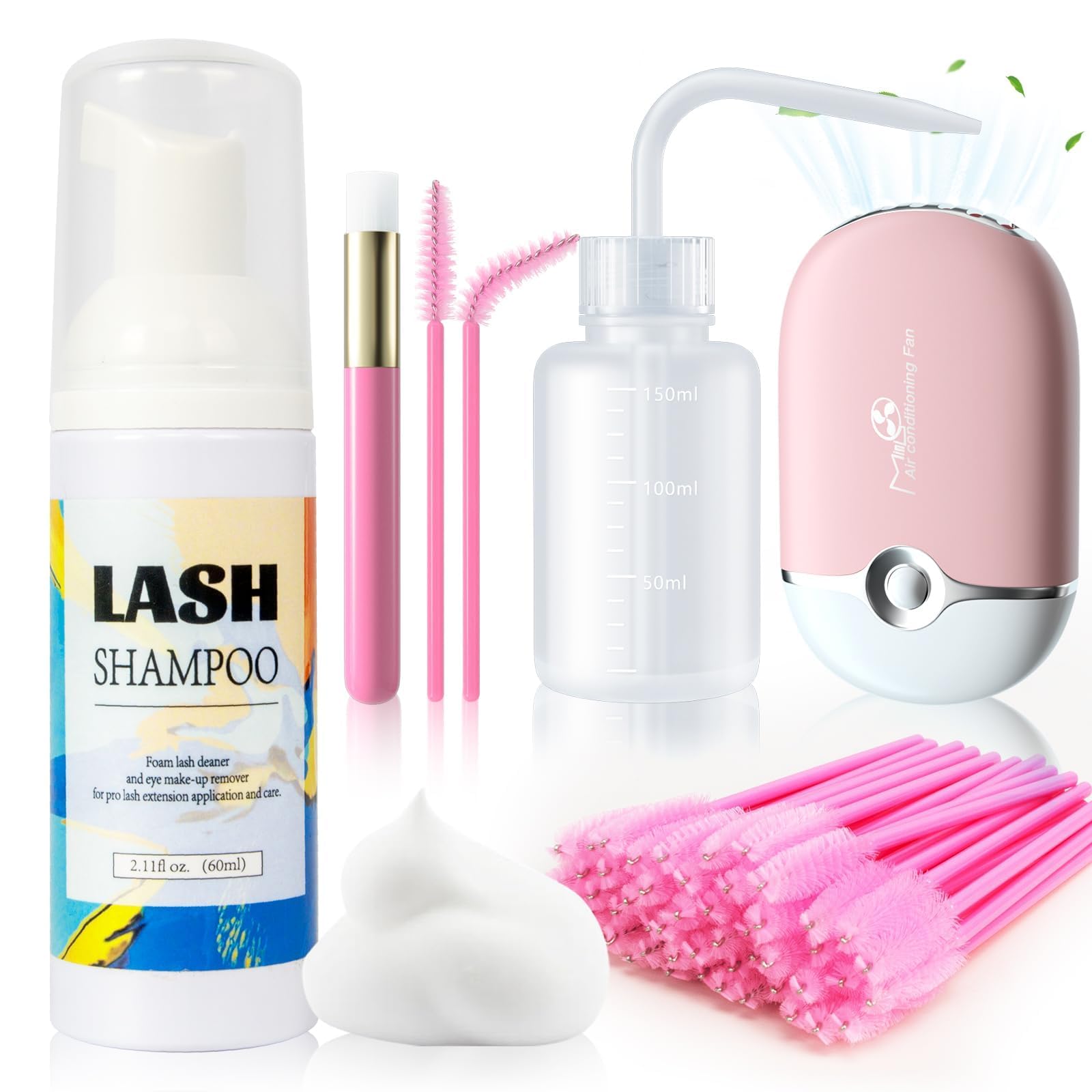 Buqikma Lash Shampoo for Lash Extensions,2.11Floz Eyelid Cleansing Foams,USB Mini Lash Fan,Bottle Mascara Brush Cleaning Brush Lash Cleaning Kit for Professional & Home Use(Pink)