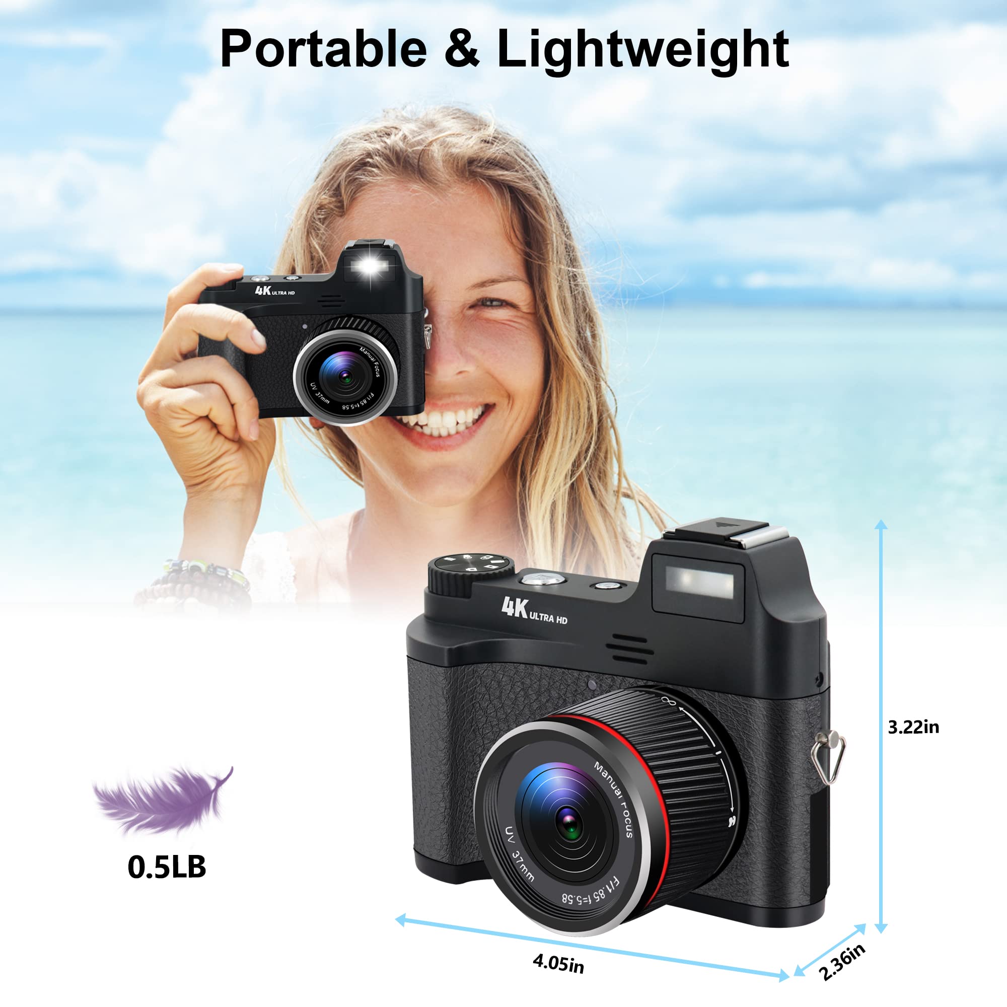 YEEIN 4K Point and Shoot Digital Cameras for Photography and Video, 48MP Anti-Shake Manual Focus Vlogging Camera with 32G Card, 3'' Screen Portable Camera for Beginners