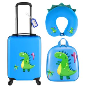 sanwuta 4 pieces dinosaur luggage for 18 inch kids rolling luggage, boys travel rolling suitcase with gifts for boys christmas wheels blue dinosaur kids luggage set with backpack neck pillow name tag