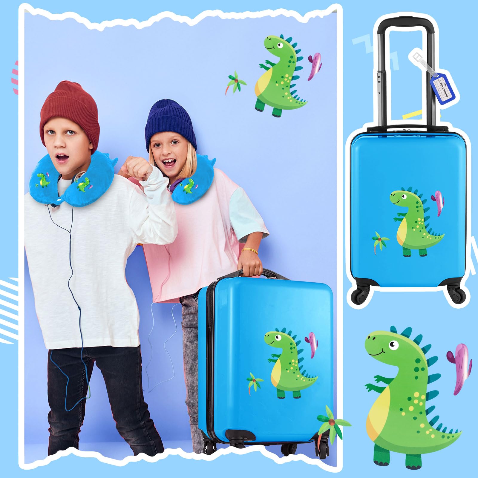 Sanwuta 4 Pieces Dinosaur Luggage for 18 Inch Kids Rolling Luggage, Boys Travel Rolling Suitcase with Gifts for Boys Christmas Wheels Blue Dinosaur Kids Luggage Set with Backpack Neck Pillow Name Tag