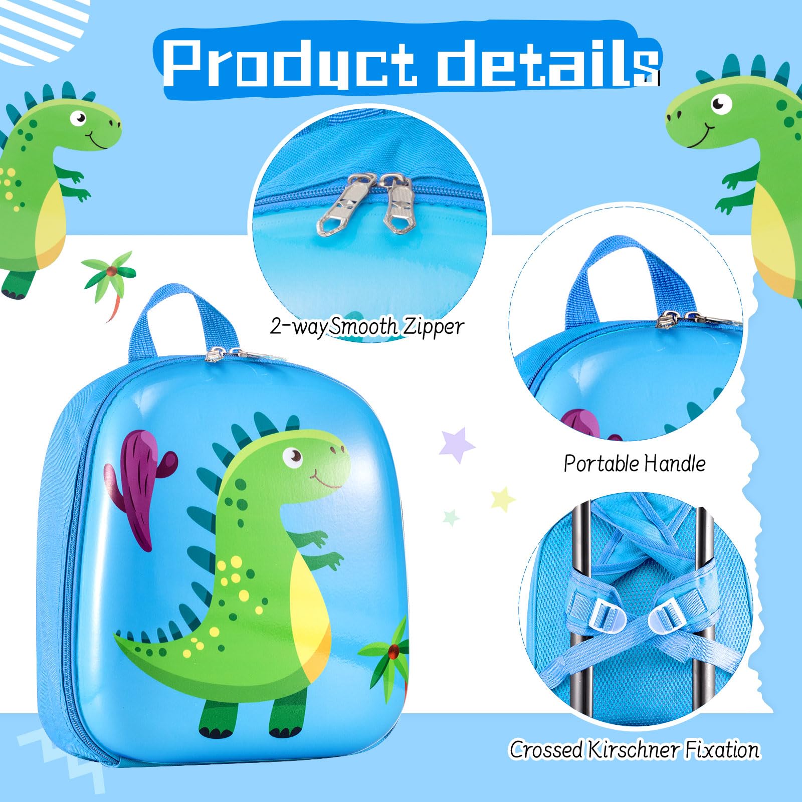 Sanwuta 4 Pieces Dinosaur Luggage for 18 Inch Kids Rolling Luggage, Boys Travel Rolling Suitcase with Gifts for Boys Christmas Wheels Blue Dinosaur Kids Luggage Set with Backpack Neck Pillow Name Tag