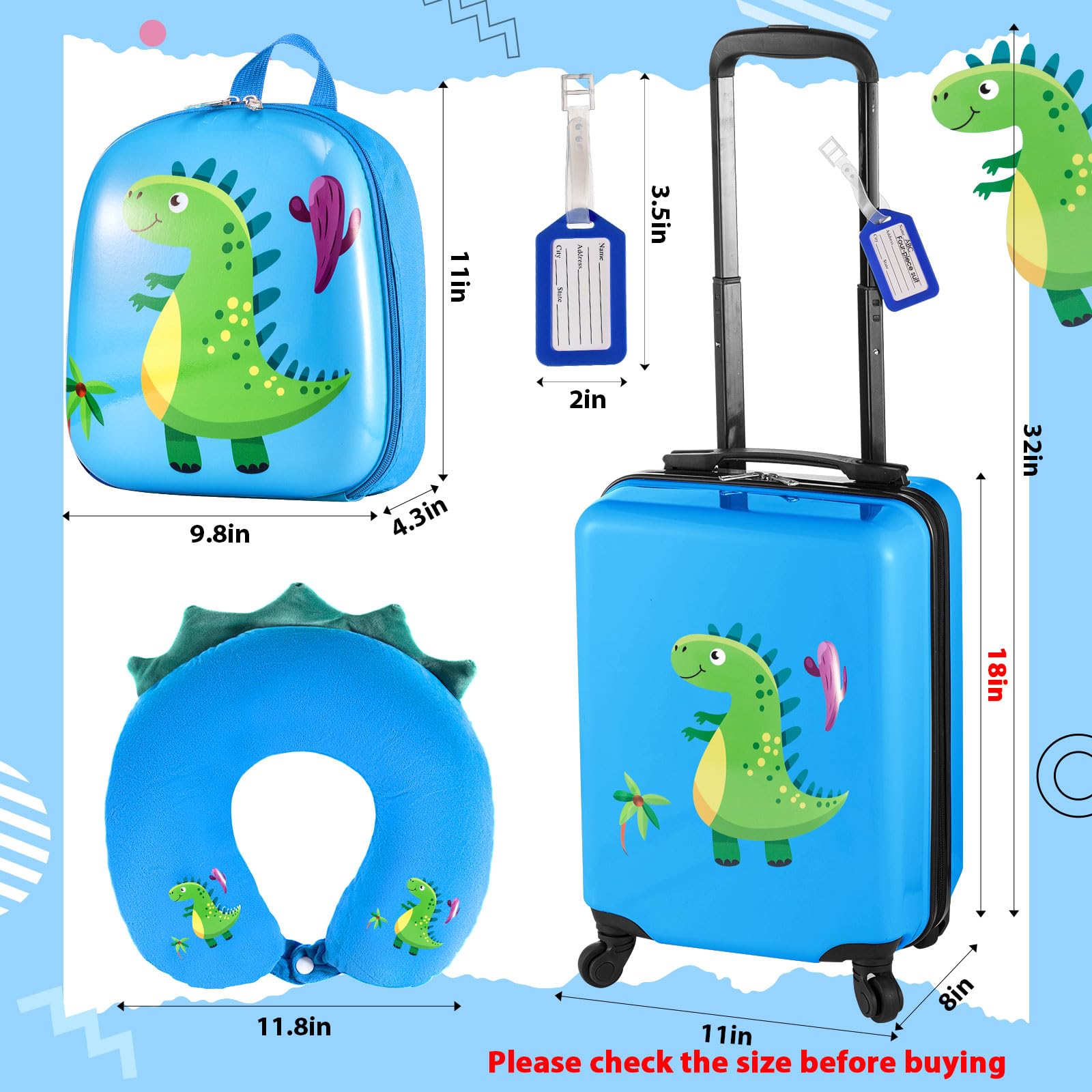 Sanwuta 4 Pieces Dinosaur Luggage for 18 Inch Kids Rolling Luggage, Boys Travel Rolling Suitcase with Gifts for Boys Christmas Wheels Blue Dinosaur Kids Luggage Set with Backpack Neck Pillow Name Tag