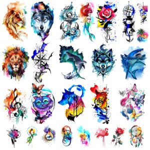48 watercolor temporary tattoos for adult and kids,arm tattoo, body tattoo, watercolor lion wolf mermaid cat tiger,waterproof temporary tattoos realistic for women girls and kids, colourful