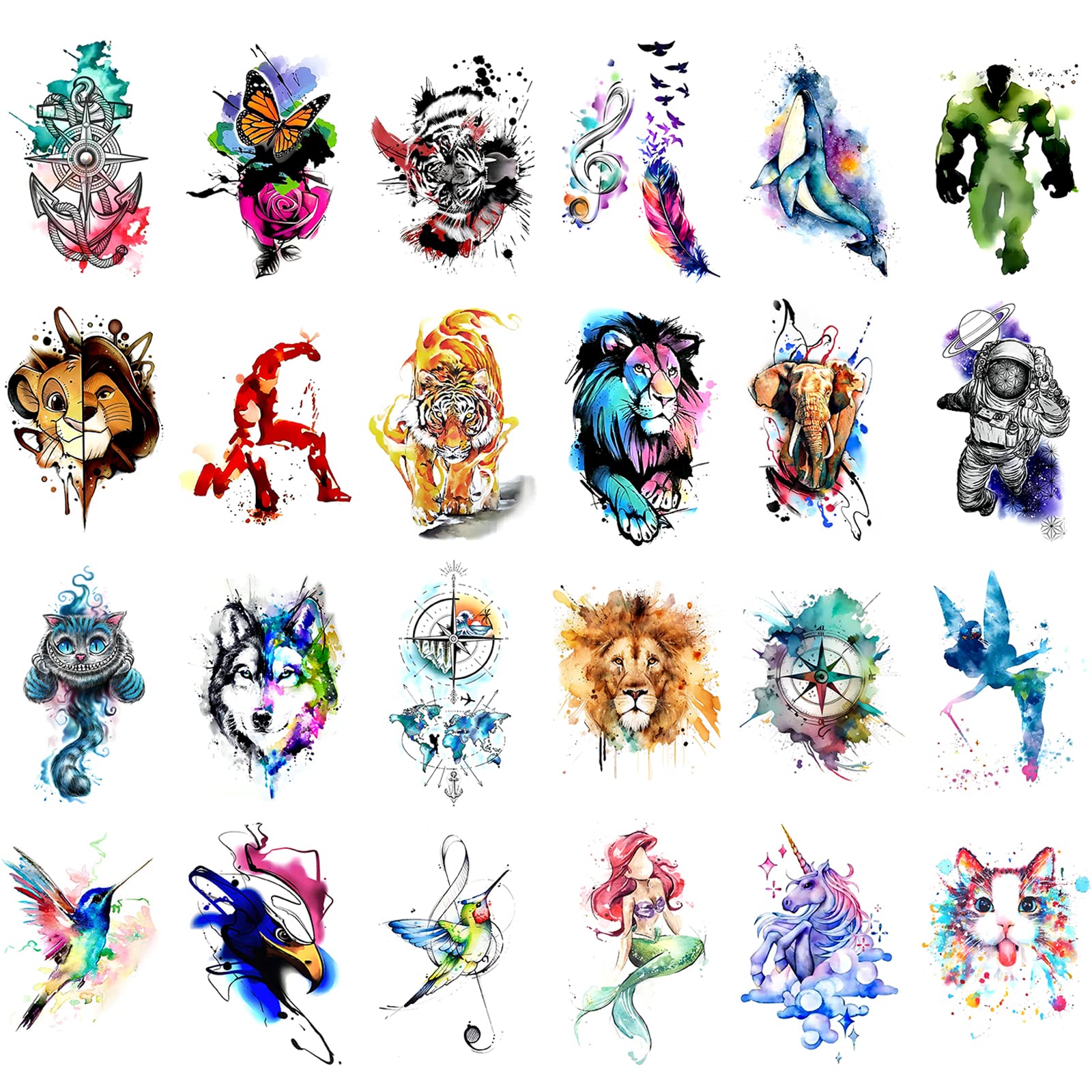 48 Watercolor temporary tattoos for adult and kids,Arm tattoo, body tattoo, watercolor lion wolf mermaid cat tiger,waterproof temporary tattoos realistic for women girls and kids, colourful