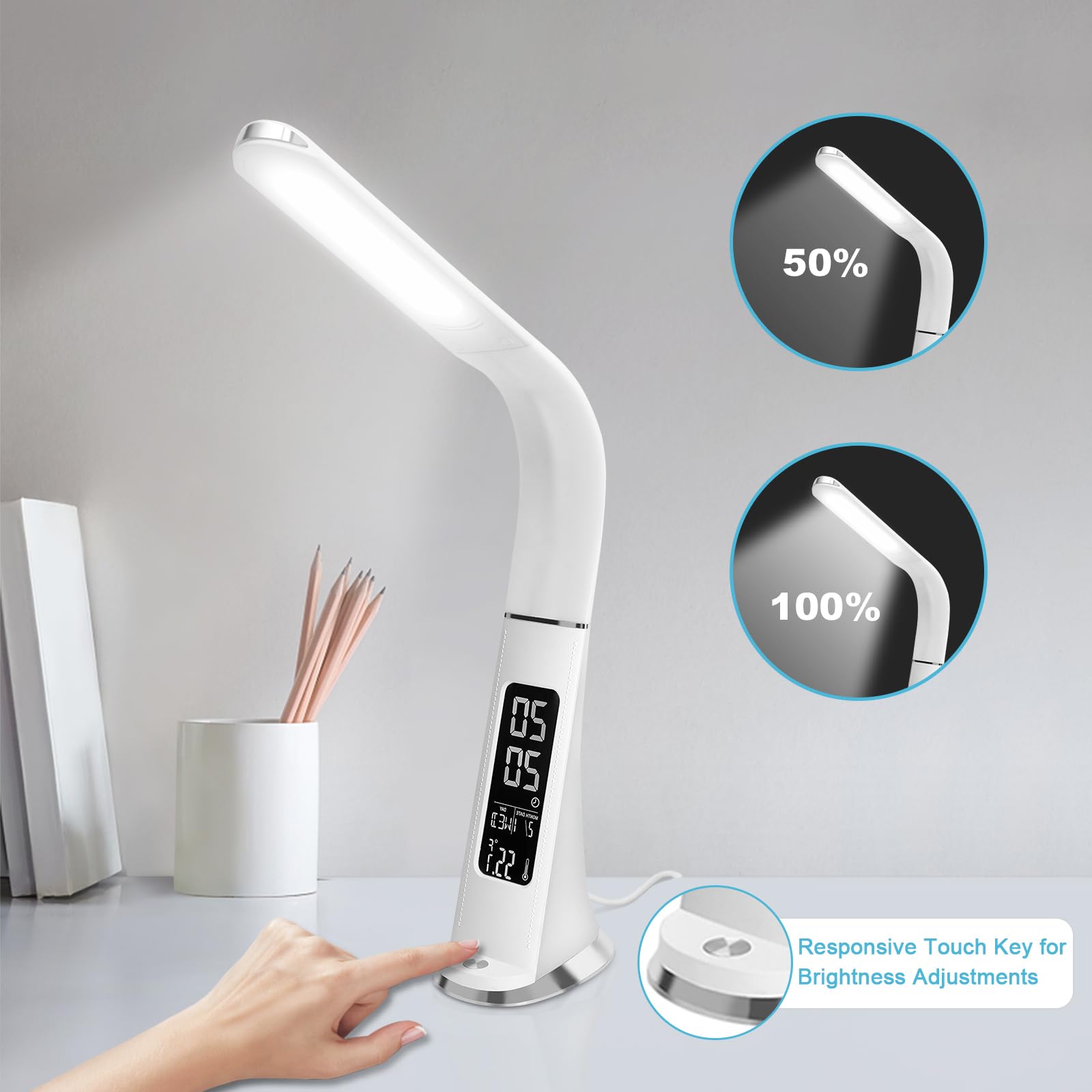 LED Desk Lamp with Digital Display Calendar Temperature,Rechargeable Desk Lamp for Home Office with Adjustable Neck,Dimmable Reading Light with Touch Control,Cordless Study Lamp with USB Charging Port