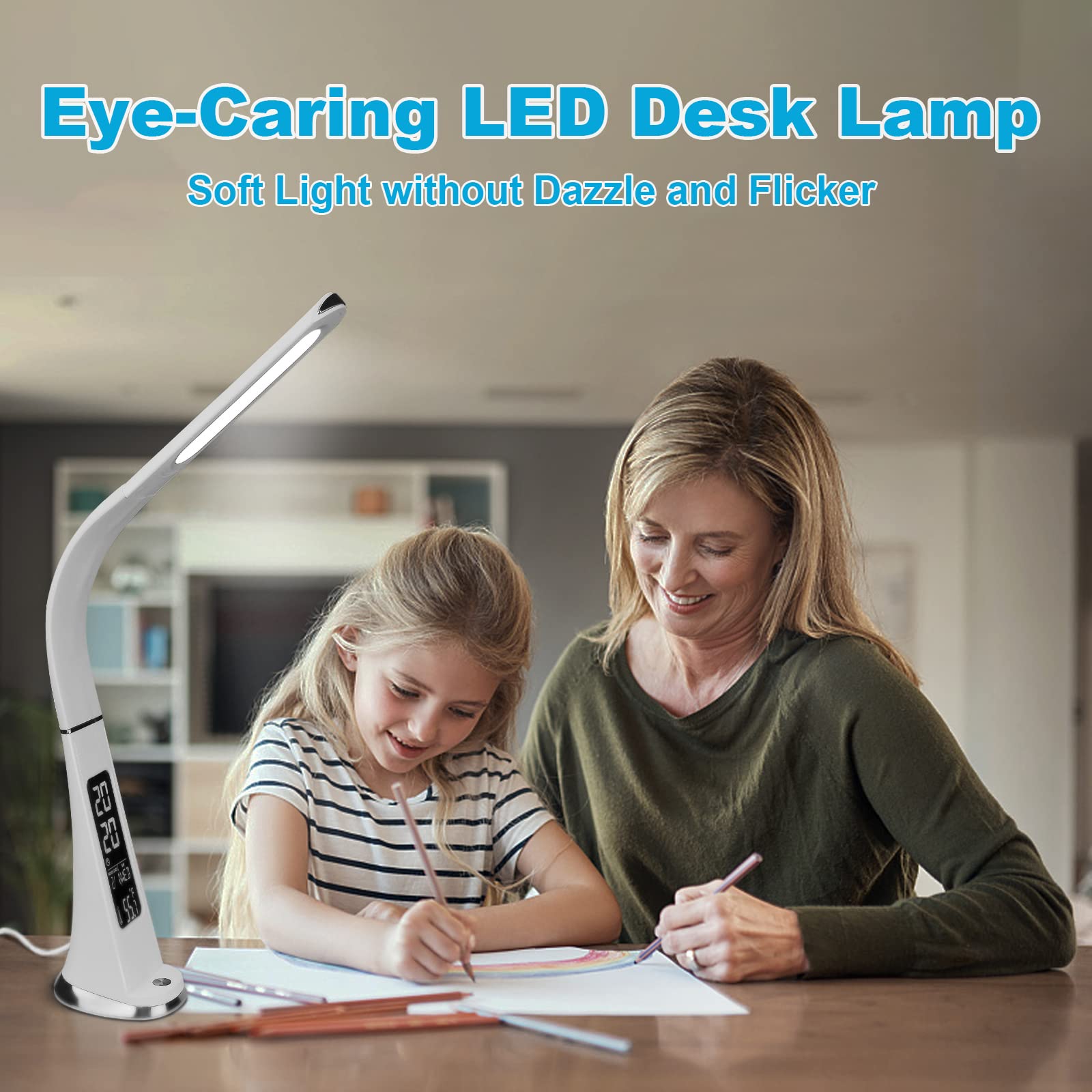 LED Desk Lamp with Digital Display Calendar Temperature,Rechargeable Desk Lamp for Home Office with Adjustable Neck,Dimmable Reading Light with Touch Control,Cordless Study Lamp with USB Charging Port