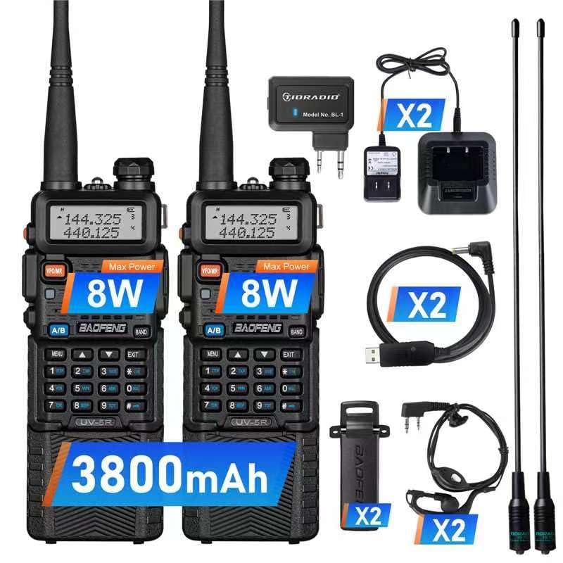 Baofeng UV-5R Ham Radio Handheld 8 Watt Two Way Radio Walkie Talkies with TIDRADIO Wireless Programmer Long Range Dual Band USB Rechargerable 3800mAh Battery Earpiece 2 Pack