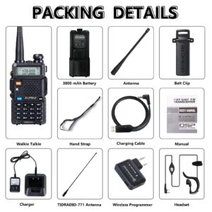 Baofeng UV-5R Ham Radio Handheld 8 Watt Two Way Radio Walkie Talkies with TIDRADIO Wireless Programmer Long Range Dual Band USB Rechargerable 3800mAh Battery Earpiece 2 Pack