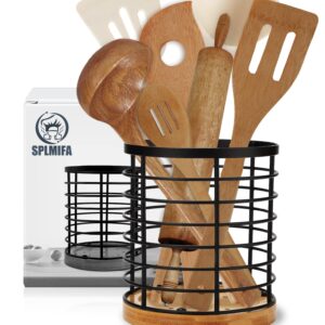 SPLMIFA Kitchen Utensil Holder Large Utensil Holder with Wooden Base and Matte Black Metal holder，Storage Solutions for Kitchen/Small Items Storage