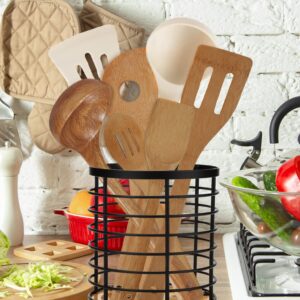 SPLMIFA Kitchen Utensil Holder Large Utensil Holder with Wooden Base and Matte Black Metal holder，Storage Solutions for Kitchen/Small Items Storage