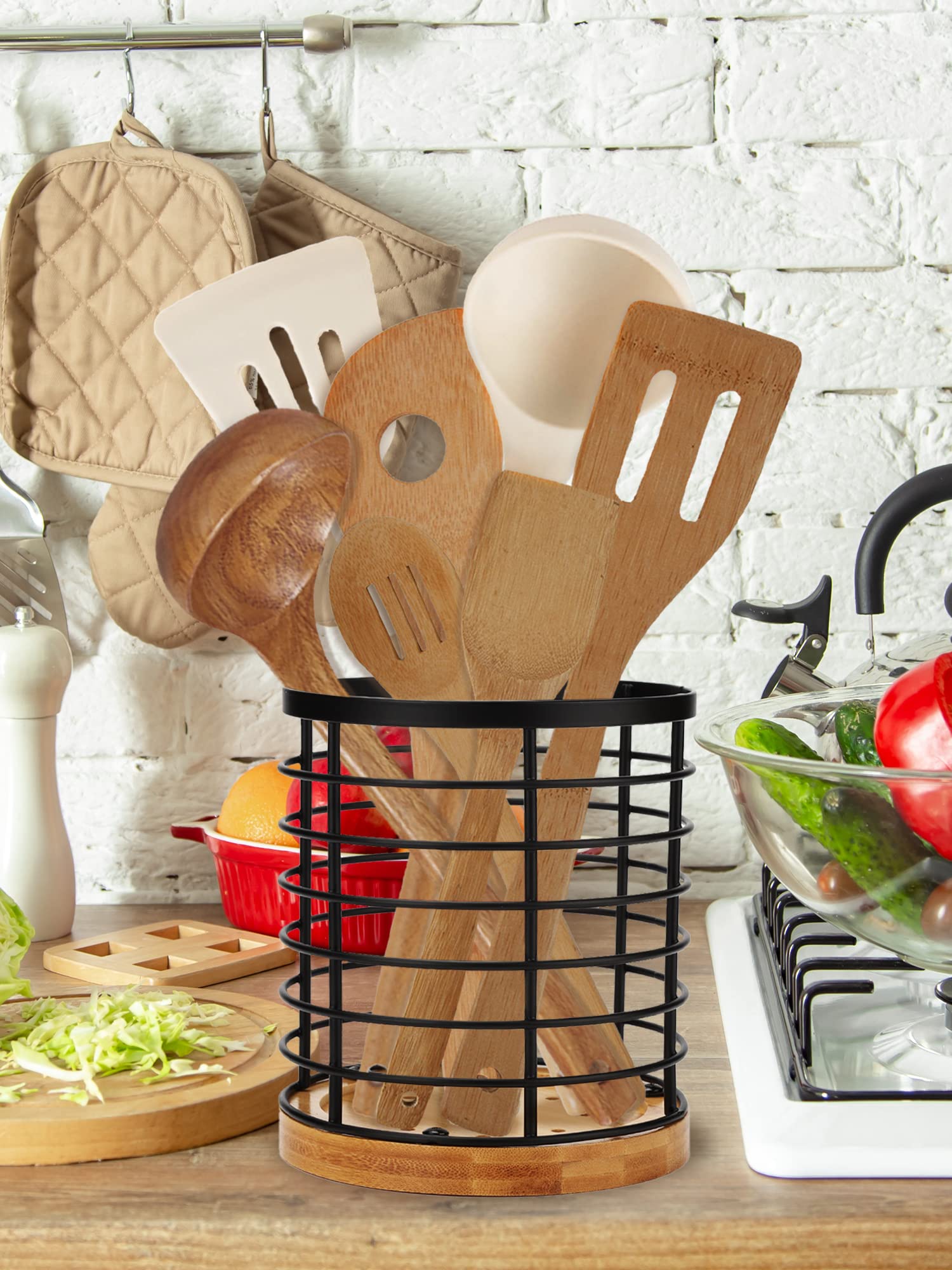 SPLMIFA Kitchen Utensil Holder Large Utensil Holder with Wooden Base and Matte Black Metal holder，Storage Solutions for Kitchen/Small Items Storage