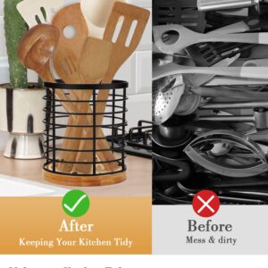 SPLMIFA Kitchen Utensil Holder Large Utensil Holder with Wooden Base and Matte Black Metal holder，Storage Solutions for Kitchen/Small Items Storage