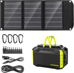 marbero solar generator 150w peak portable power station 150wh with 30w solar panel included with dc, ac, usb a, usb c, flashlights for camping, home, outdoor, office, school, emergency
