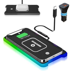 reestecqi wireless car charger pad 15w rgb wireless charger for car type c non slip wireless charging pad for car 40w car charger incl for airpods iphone 15/14/13/12 samsung s24/s23/s22 (30cm cable)