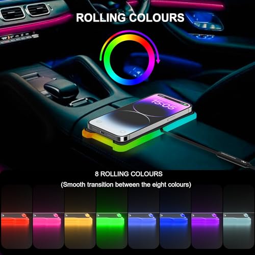 REESTECQI Wireless Car Charger Pad 15W RGB Wireless Charger for Car Type C Non Slip Wireless Charging Pad for Car 40W Car Charger Incl for Airpods iPhone 15/14/13/12 Samsung S24/S23/S22 (30CM Cable)