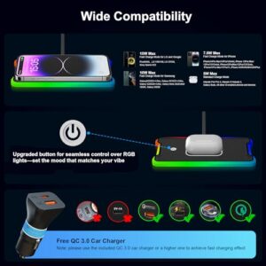 REESTECQI Wireless Car Charger Pad 15W RGB Wireless Charger for Car Type C Non Slip Wireless Charging Pad for Car 40W Car Charger Incl for Airpods iPhone 15/14/13/12 Samsung S24/S23/S22 (30CM Cable)