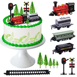 memovan train cake toppers 13pcs train cake decorations mini train toy traffic track railway lights cake topper decorations for boy's kids steam train theme birthday party supplies