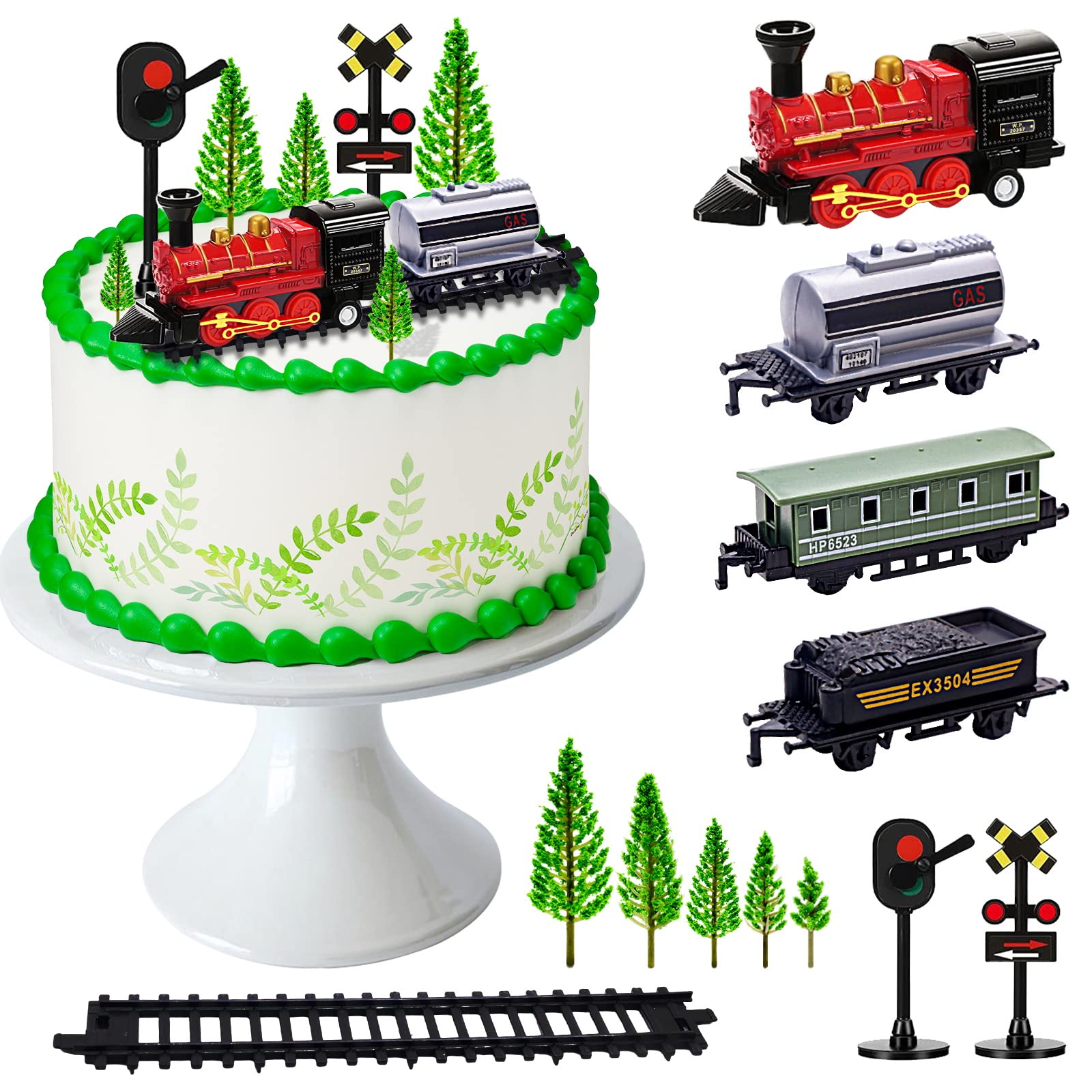 MEMOVAN Train Cake Toppers 13pcs Train Cake Decorations Mini Train Toy Traffic Track Railway Lights Cake Topper Decorations for Boy's Kids Steam Train Theme Birthday Party Supplies