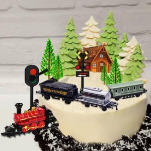 MEMOVAN Train Cake Toppers 13pcs Train Cake Decorations Mini Train Toy Traffic Track Railway Lights Cake Topper Decorations for Boy's Kids Steam Train Theme Birthday Party Supplies