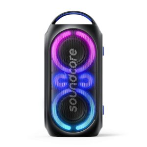 soundcore anker rave party 2 portable speaker, 120w stereo sound, partycast 2.0, light show, ipx4 water-resistant, 16h playtime, mic input, custom eq & bass up for party (renewed)