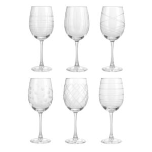 fifth avenue crystal medallion wine glasses set of 6, 15.5 oz, durable etched patterns, textured glass cups, long stem wine glasses for bordeaux, red and white wine tasting, wedding, anniversary