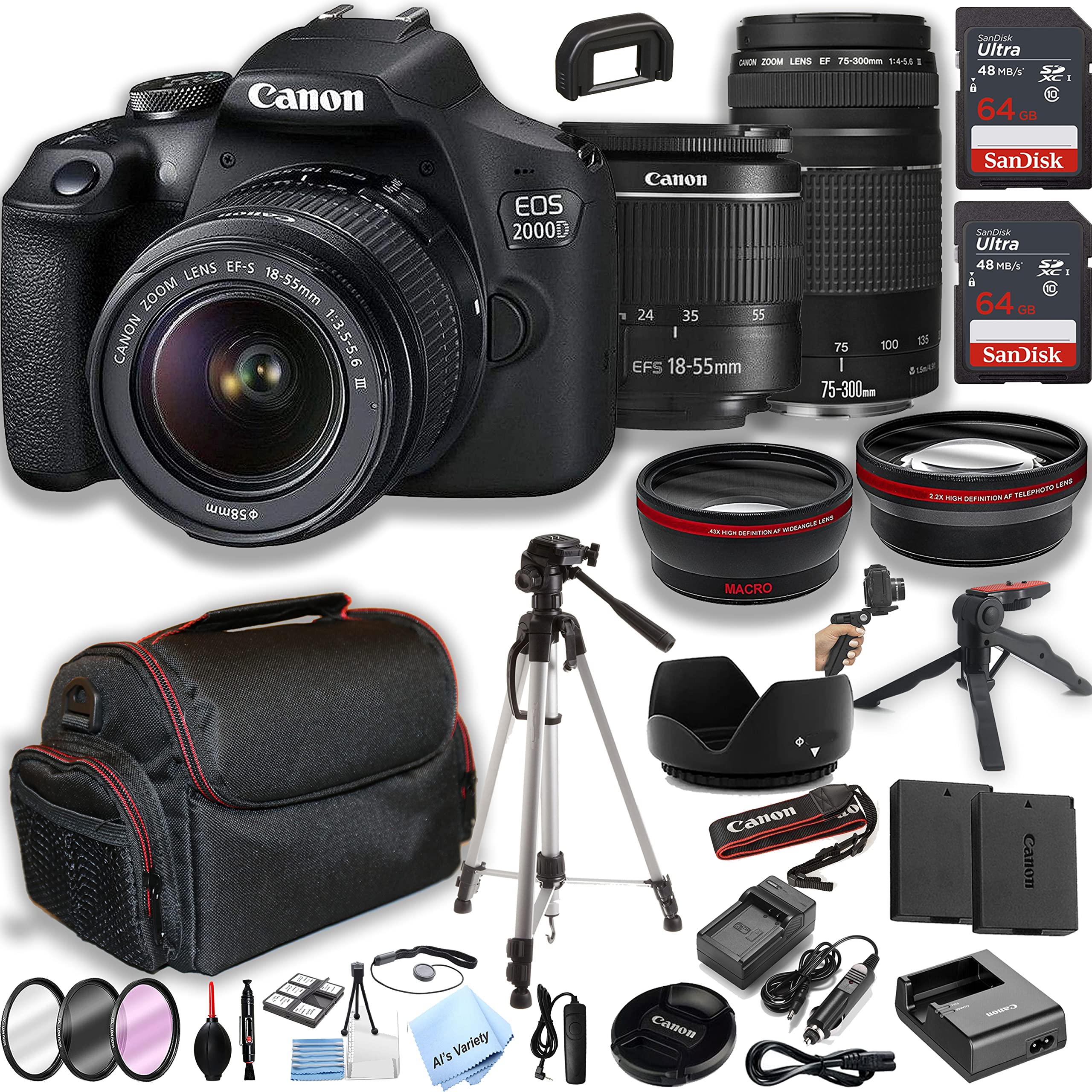 Canon EOS 2000D / Rebel T7 DSLR Camera w/EF-S 18-55mm Zoom Lens + 75-300mm Lens + 2pcs 64GB Memory + Case+ Tripod + Steady Grip Pod + Filters + Macro + 2X Lens + 2X Batteries (Renewed)