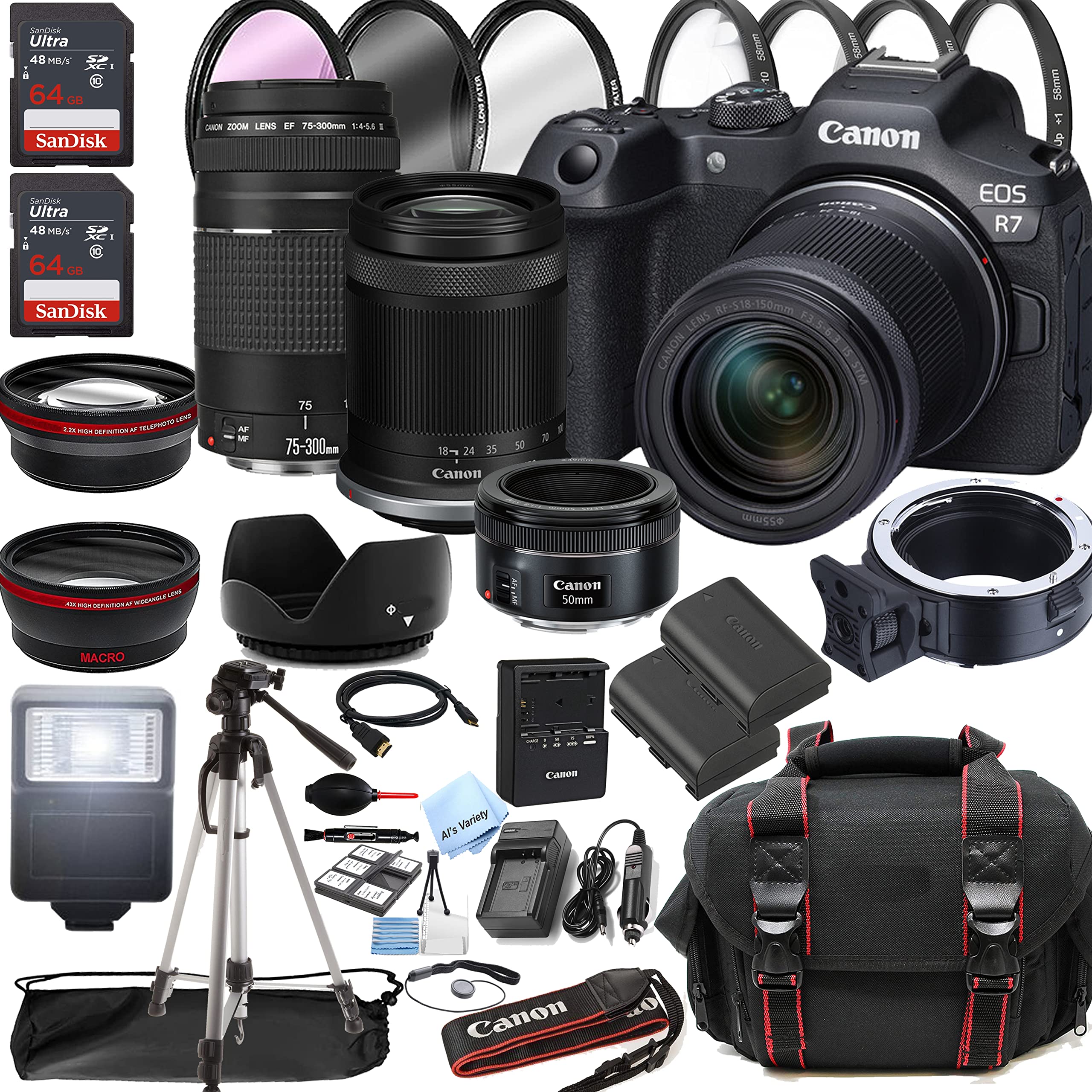 Canon EOS R7 Mirrorless Digital Camera with RF-S 18-150mm f/3.5-6.3 is STM Lens + 75-300mm F/4-5.6 III Lens + 50mm f/1.8 STM Lens + 128GB Memory + Case + Tripod + Filters (43pc Bundle) (Renewed)