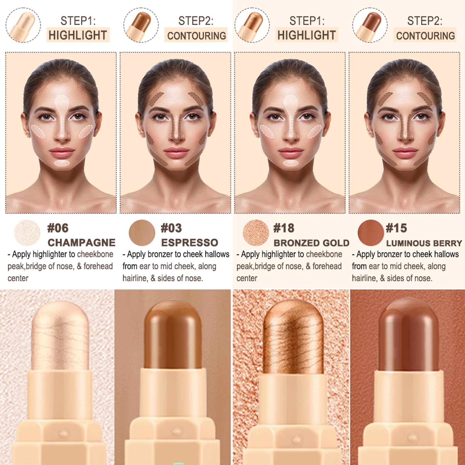 Face Cream Contour Stick Bronzer Stick Highlighter Stick Blush Stick Illuminator Makeup Glow Kit,Long Lasting Highly Piamented Skin Brighten Shadow Contour Bronzer Highlighter Blush Powder-A3