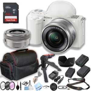 sony zv-e10 (white) mirrorless camera with 16-50mm lens + 64gb memory + case+ steady grip pod + filters + 2x batteries + more (30pc bundle)