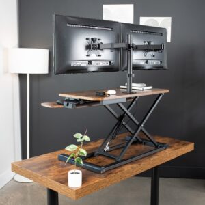VIVO Height Adjustable 32 inch Standing Desk Converter with Dual 13 to 30 inch Monitor Stand, Sit Stand Monitor Mount and Desk Riser, Vintage Brown Top, Black Frame, DESK-V000KN-M2