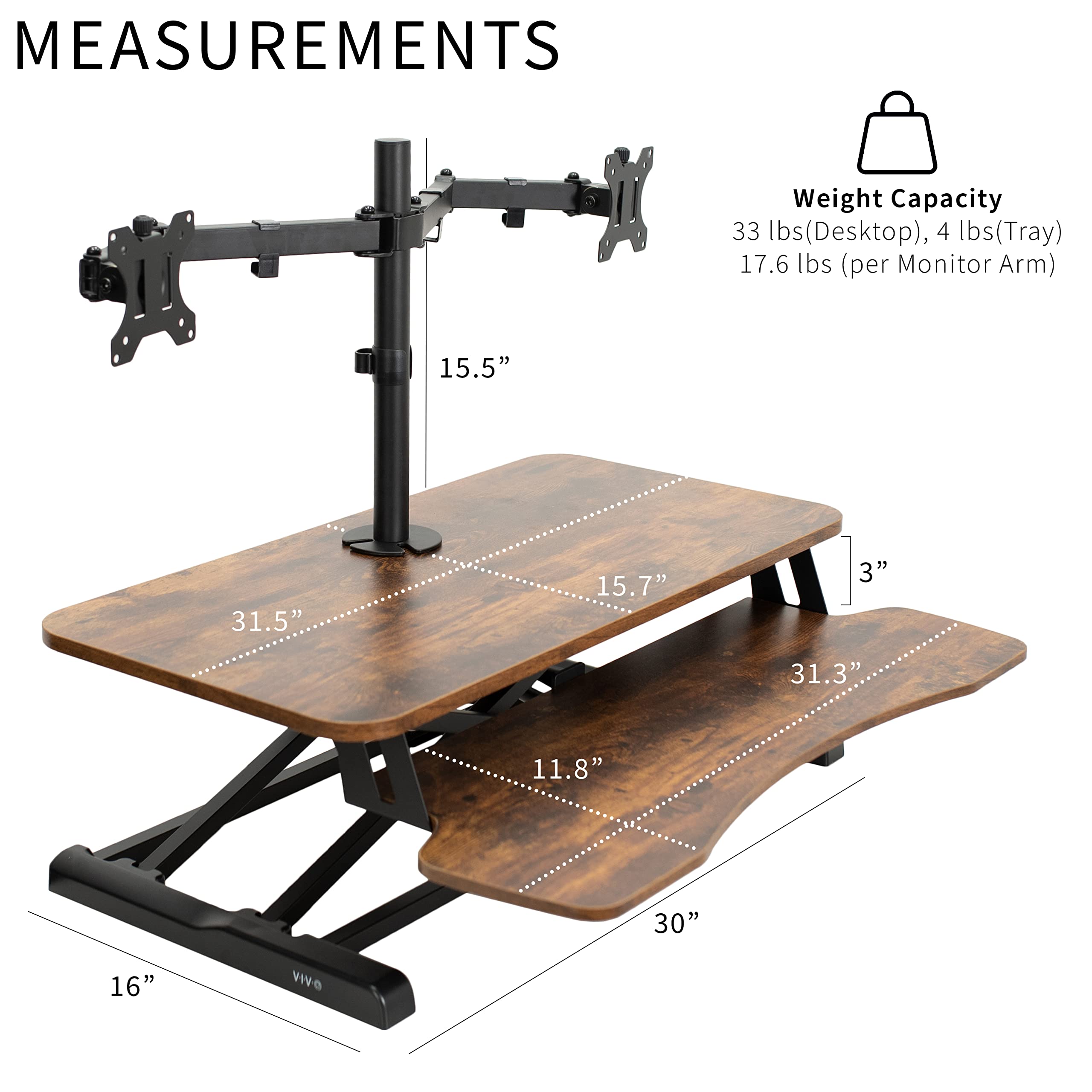 VIVO Height Adjustable 32 inch Standing Desk Converter with Dual 13 to 30 inch Monitor Stand, Sit Stand Monitor Mount and Desk Riser, Vintage Brown Top, Black Frame, DESK-V000KN-M2