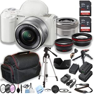 sony zv-e10 (white) mirrorless camera with 16-50mm lens 2pcs 64gb memory + case+ tripod + steady grip pod + filters + macro + 2x lens + 2x batteries + more (34pc bundle)
