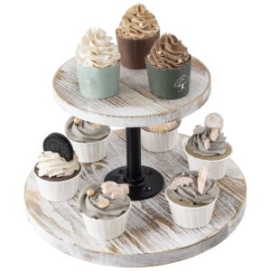 mygift 2 tier lazy susan dessert display stand - shabby white washed solid wood and industrial matte black metal pipe 360 degree rotating cupcake riser tray