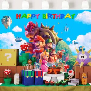 Super Mario Movie Backdrop for Birthday Party Video Game Blue Sky Background Kids Mario Bros Party Supplies Cake Table Banner 7x5 ft 430