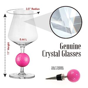 FunPro Crystal Wine Glass with Real Golf Ball - Set of 2, Patent Pending, Hand Blown Premium Genuine Crystal Clear Wine Glass, Modern Long Stem White & Red Wine Glass for Party, Wedding & Home, Pink