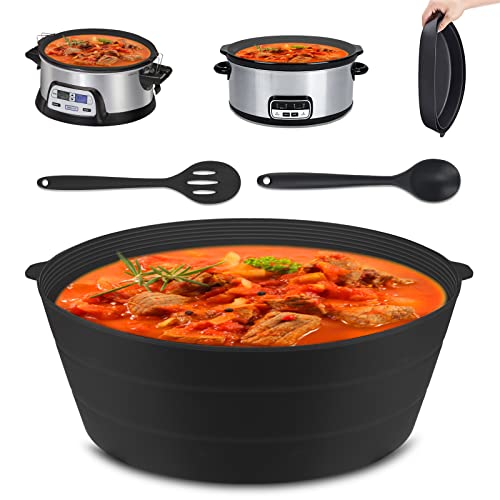 Silicone Slow Cooker Liners, SelfTek Reusable Liner Fits Crock-Pot &Hamilton Beach 7-8 Qt Oval, Foldable, Leakproof Dishwasher Safe Cooking Insert Includes Spoon - Black 1Set