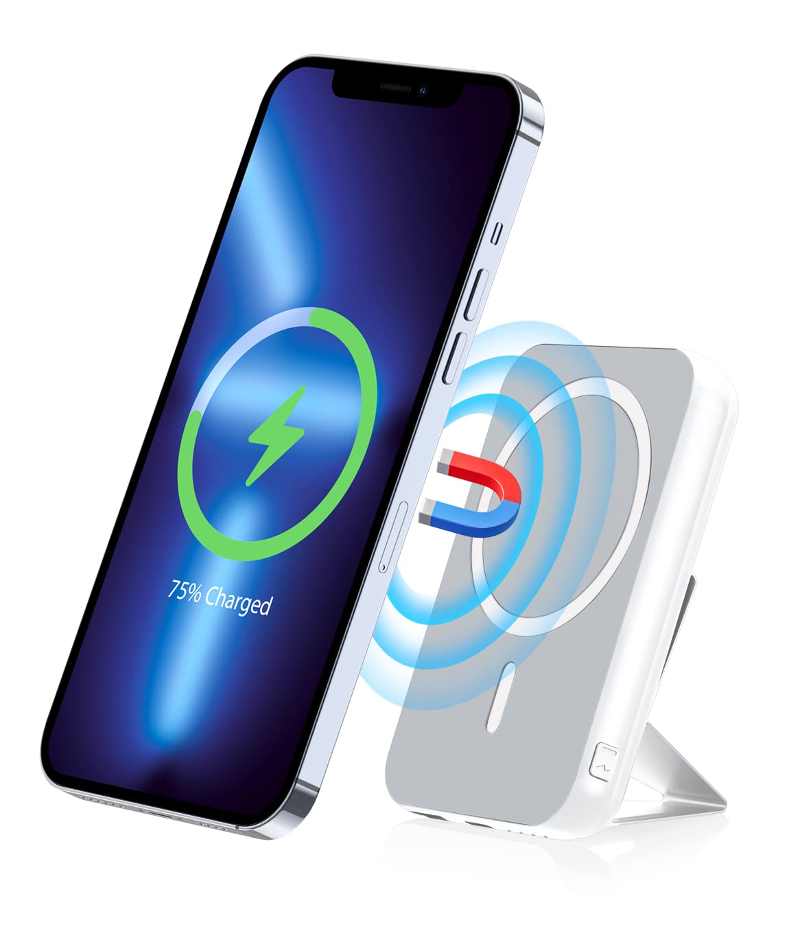 Magnetic-Wireless-Power-Bank - 6800mAh Portable Charger Power Bank Mag-Safe 15W(Wireless Charger)/22.5W(USB)/PD20W(Type-C) Fast Charging, Magnetic is only compatible with iphone12~15 Series(White)