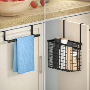 iNUREYE 2 Pack Cabinet Door Organizer, Kitchen Wall Mount Storage Basket, Cutting Board Organizer with Towel Bar, Over The Cabinet Door Organizer with Towel Rack Black