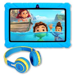 contixo kids learning tablet, 7" tablet for kids and kb-2600 kids foldable wireless bluetooth headphone bundle, learning tablet, parental control family link - blue
