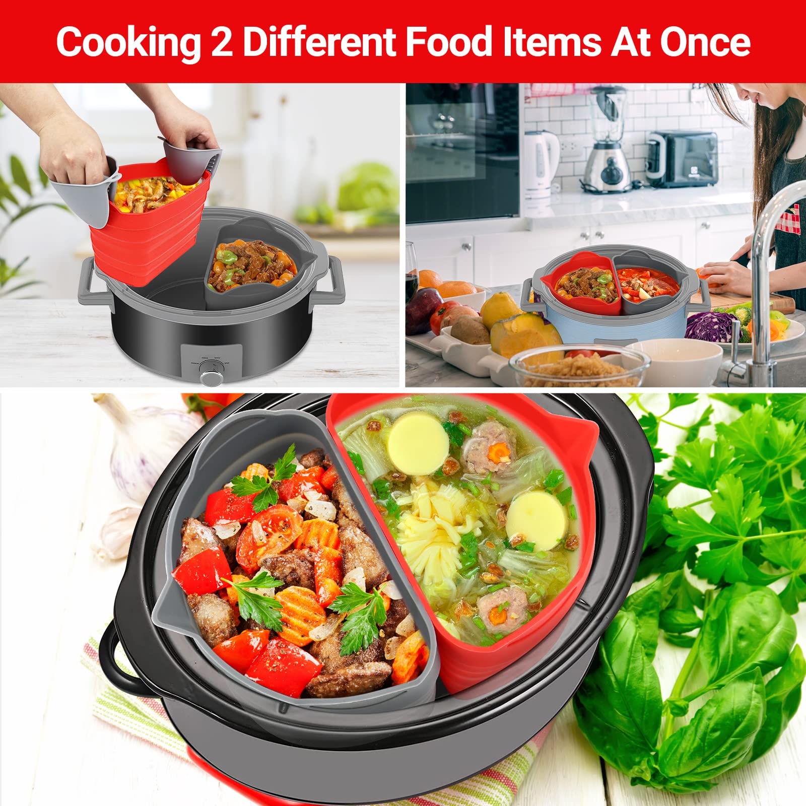 2 Set Silicone Slow Cooker Liners，SelfTek Reusable Liner Fits Crock-Pot &Hamilton Beach 7-8 Qt Oval，Foldable，Leakproof Dishwasher Safe Cooking Insert Includes Spoons - Red & Black